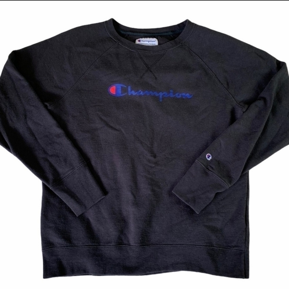 Vintage Champion Crewneck Sweatshirt Black Spellout Logo Men's Medium M VTG EUC